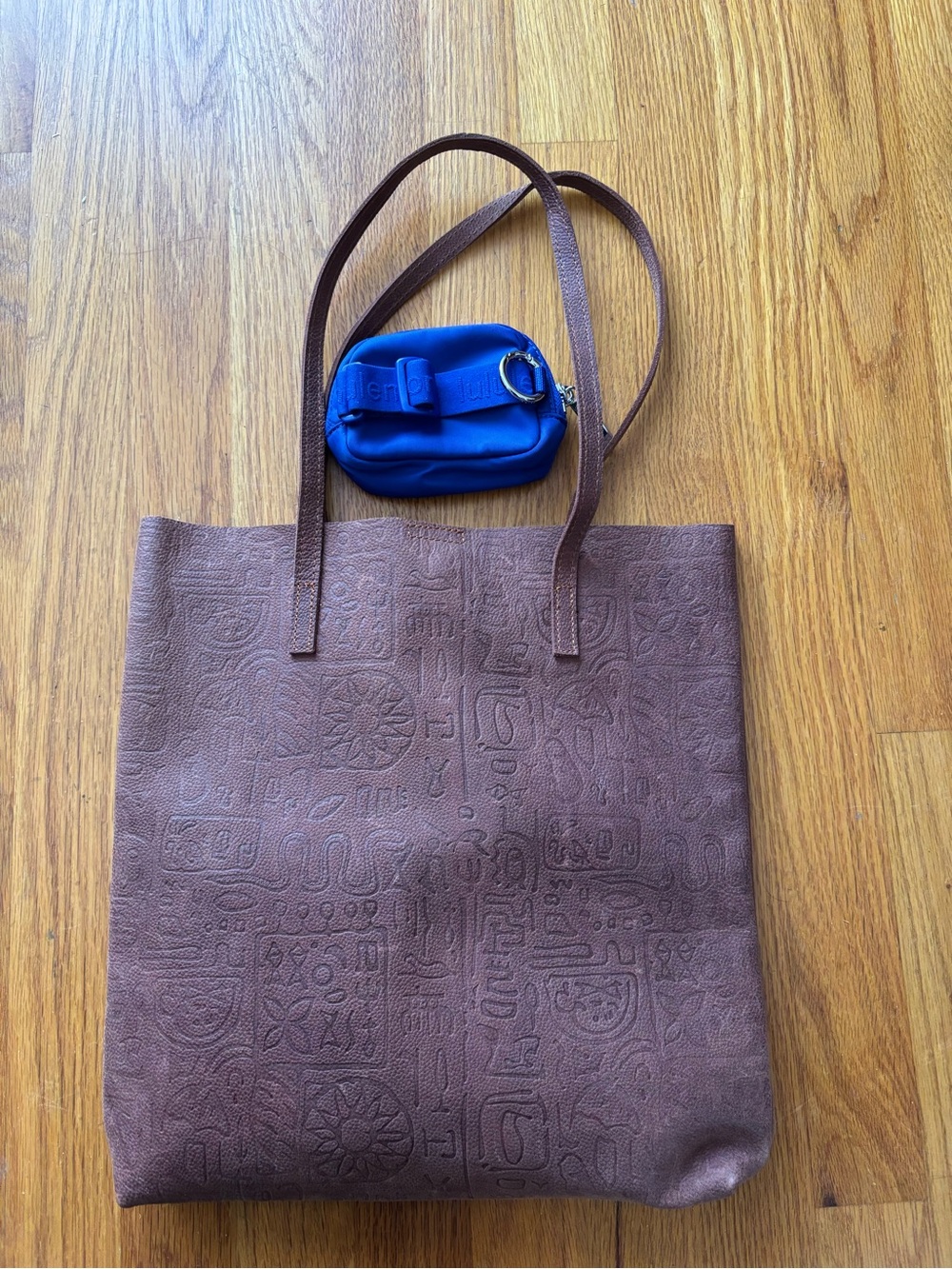 One-of-a-kind Leather Embossed Tote Bag in Brown + Lululemon Everywhere Nano Bag
